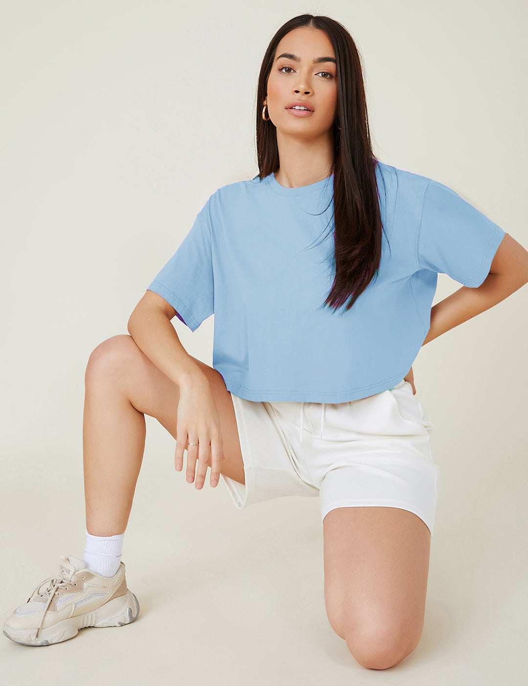 KOTTY Women's Solid Cotton Blend Oversized Crop T-Shirts
