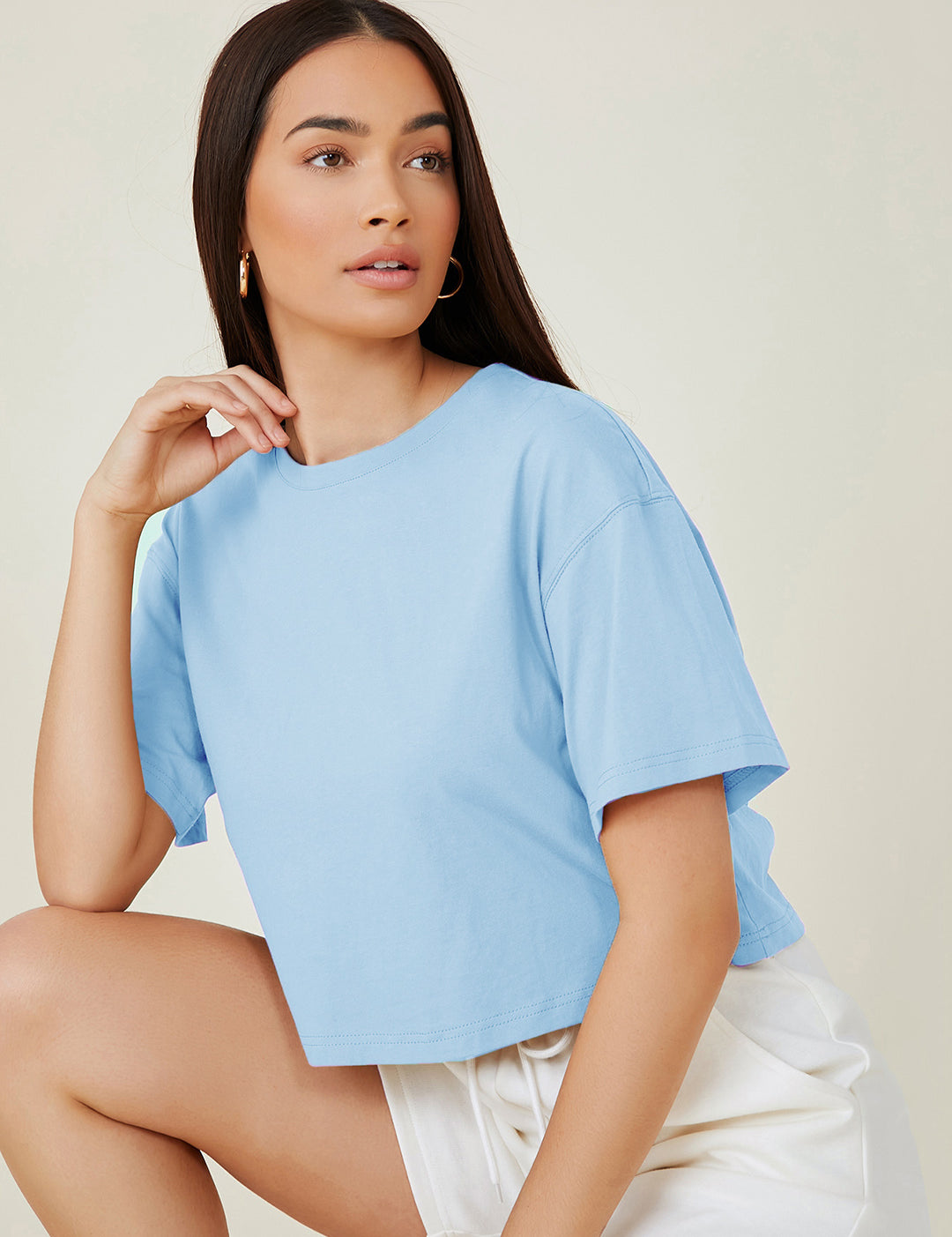 KOTTY Women's Solid Cotton Blend Oversized Crop T-Shirts