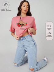 KOTTY Printed, Typography Women Round Neck Pink T-Shirt 