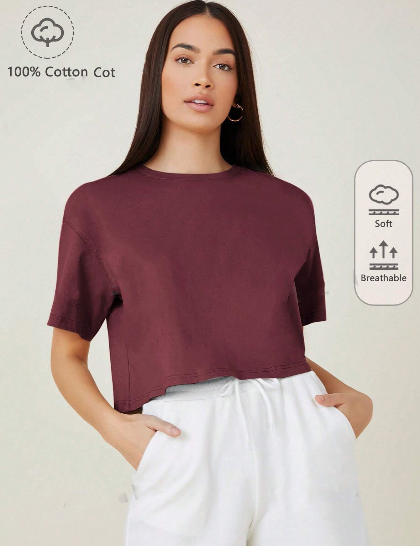 KOTTY Women's Solid Cotton Blend Oversized Crop T-Shirts
