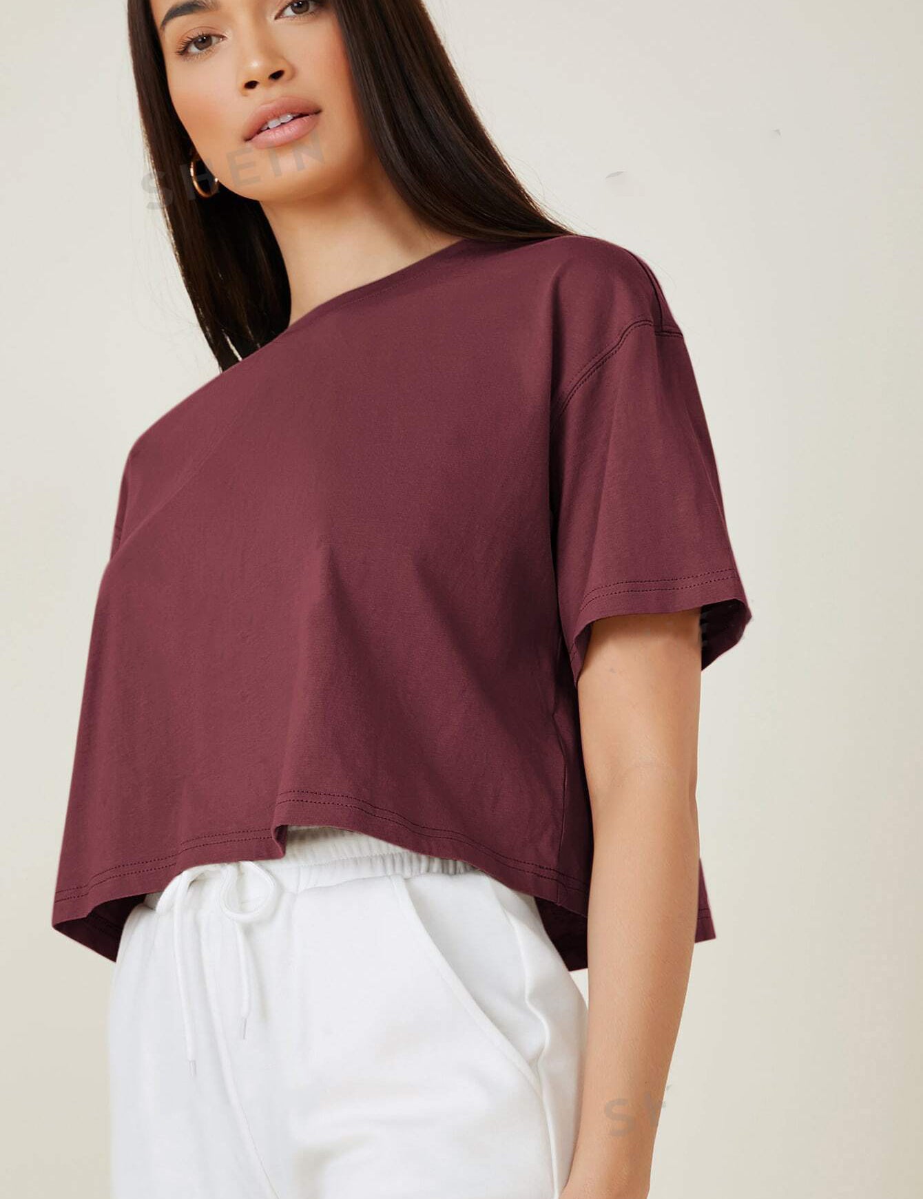 KOTTY Women's Solid Cotton Blend Oversized Crop T-Shirts