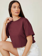 KOTTY Solid Women Round Neck Maroon T-Shirt 