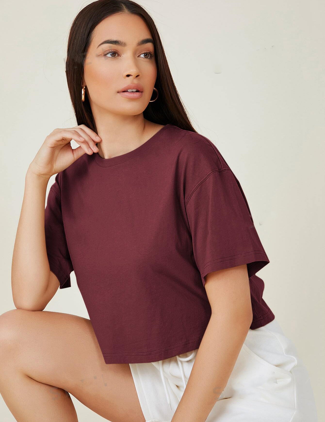 KOTTY Women's Solid Cotton Blend Oversized Crop T-Shirts