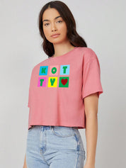 KOTTY Printed, Typography Women Round Neck Pink T-Shirt 