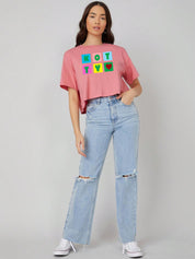 KOTTY Printed, Typography Women Round Neck Pink T-Shirt 