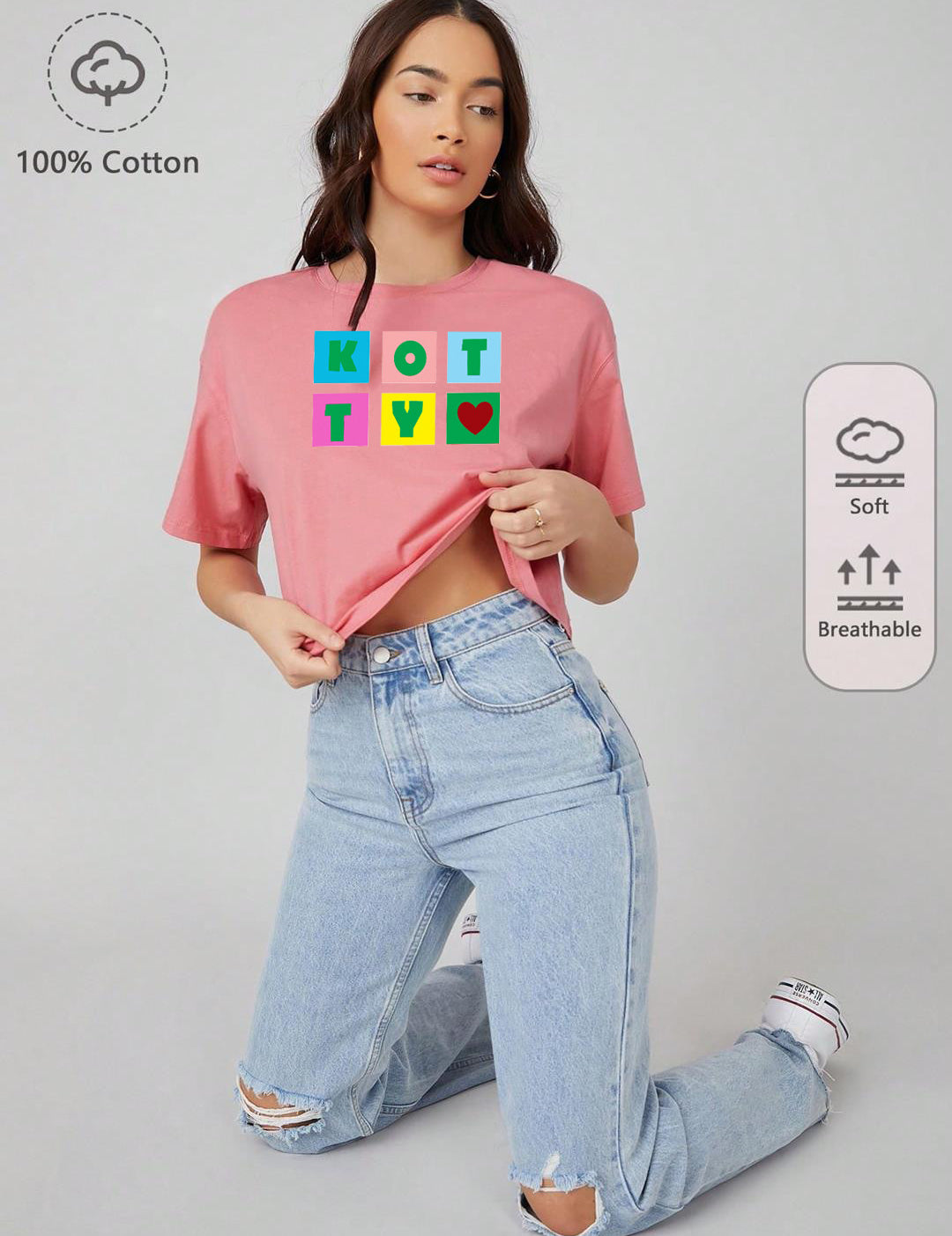 KOTTY Printed, Typography Women Round Neck Pink T-Shirt 
