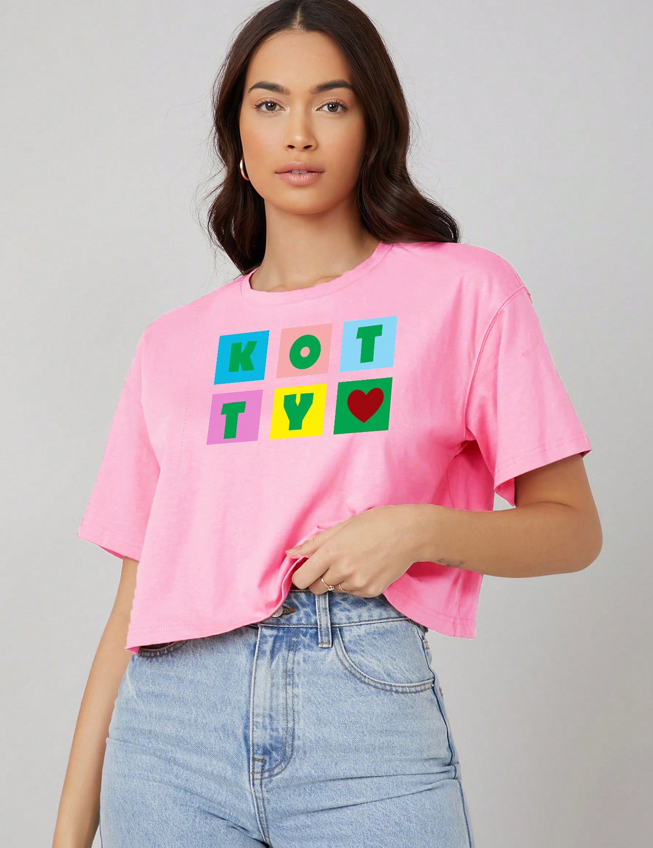 KOTTY Women's Round Neck Printed Cotton Blend Oversized Crop T-Shirts