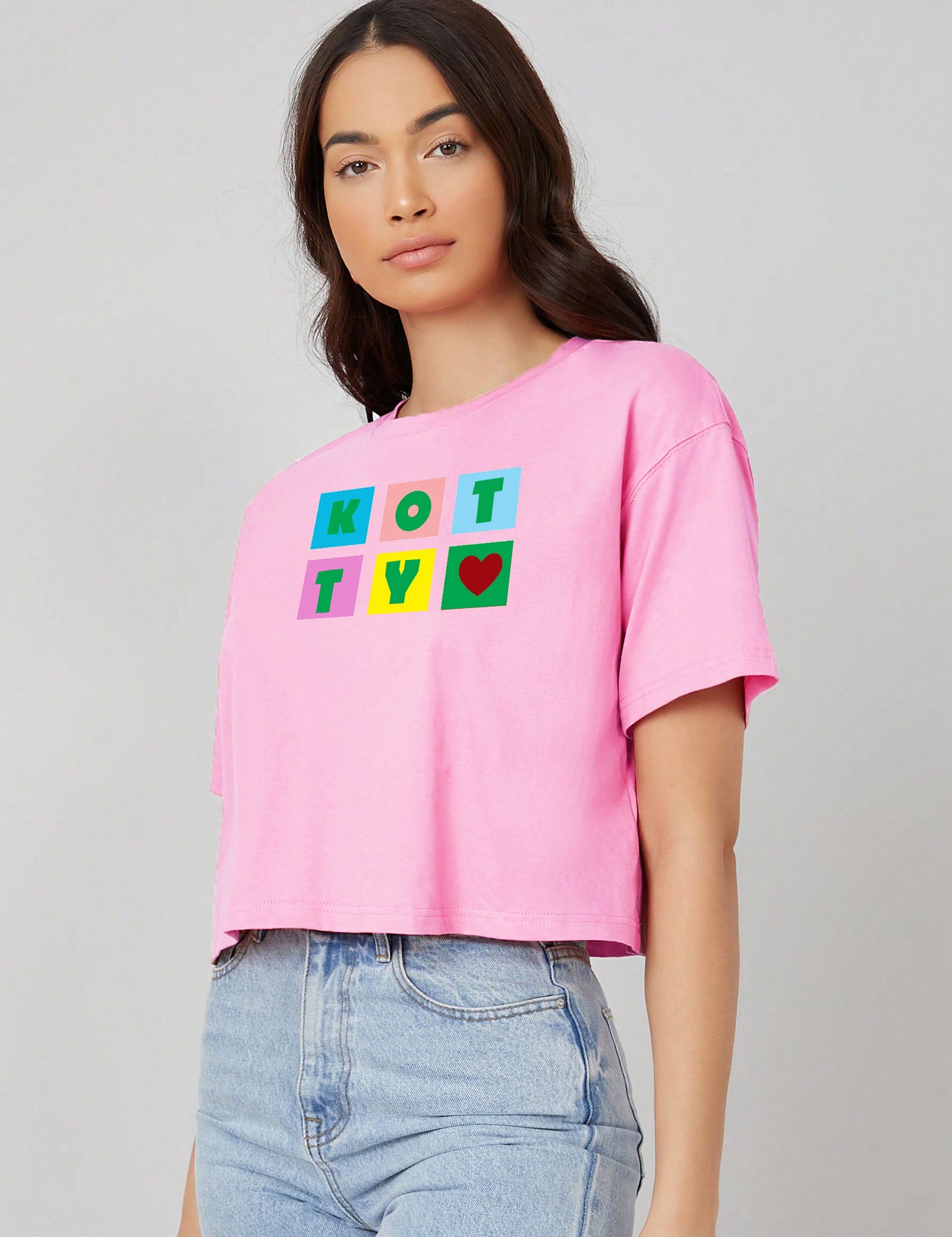 KOTTY Women's Round Neck Printed Cotton Blend Oversized Crop T-Shirts