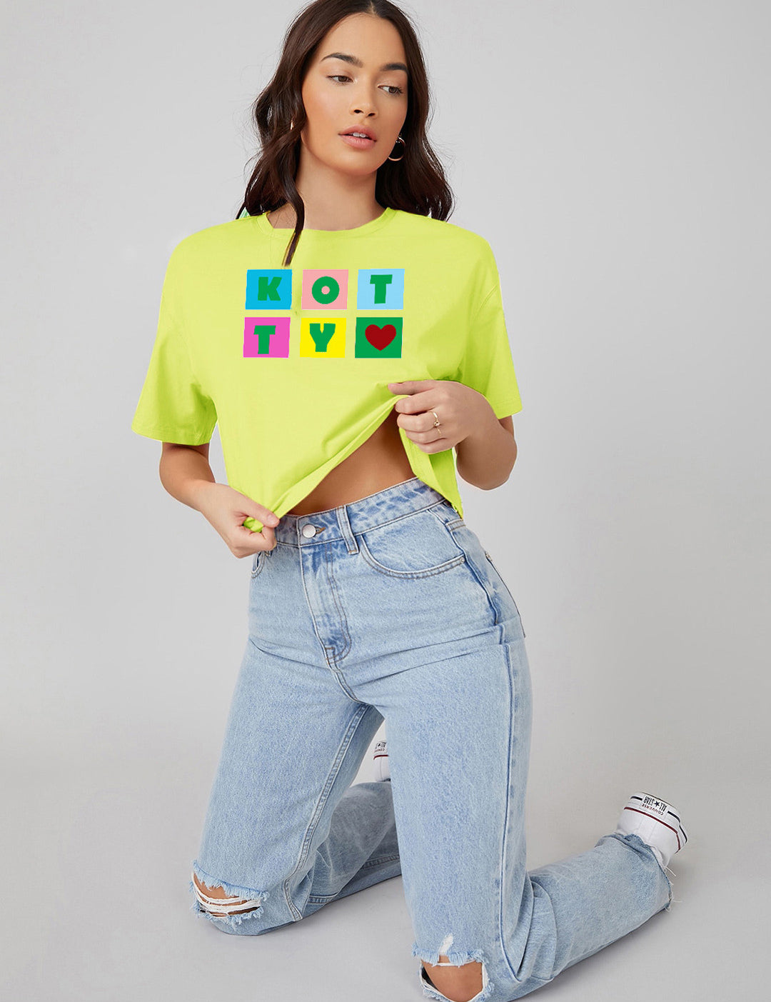 KOTTY Printed, Typography Women Round Neck Yellow T-Shirt 