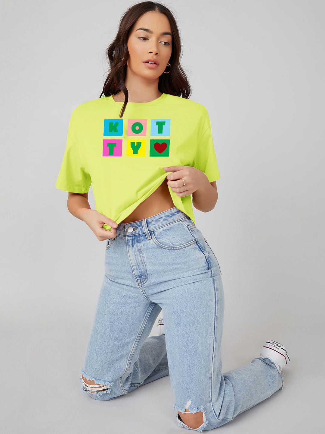 KOTTY Printed, Typography Women Round Neck Yellow T-Shirt 