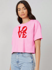 KOTTY Typography Women Round Neck Pink T-Shirt 