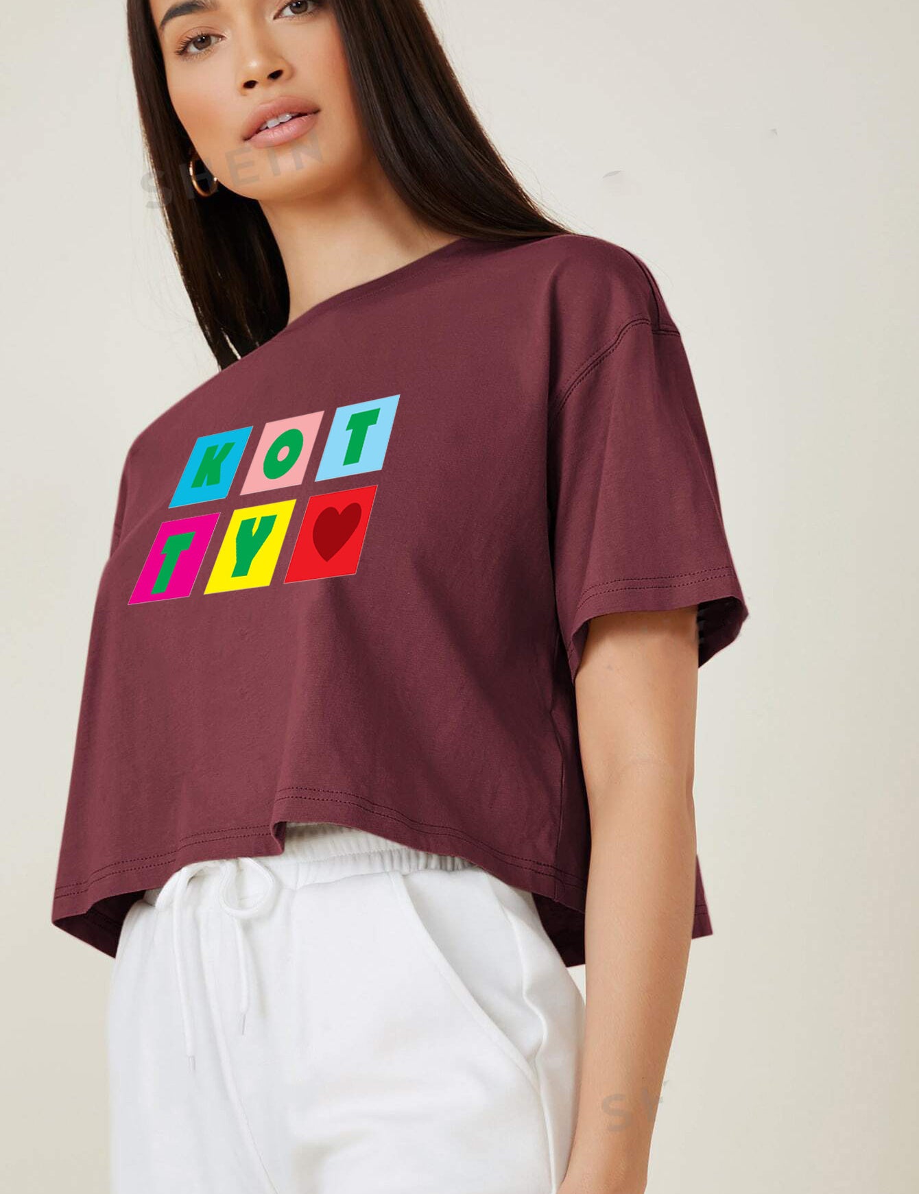 KOTTY Printed Women Round Neck Maroon T-Shirt 