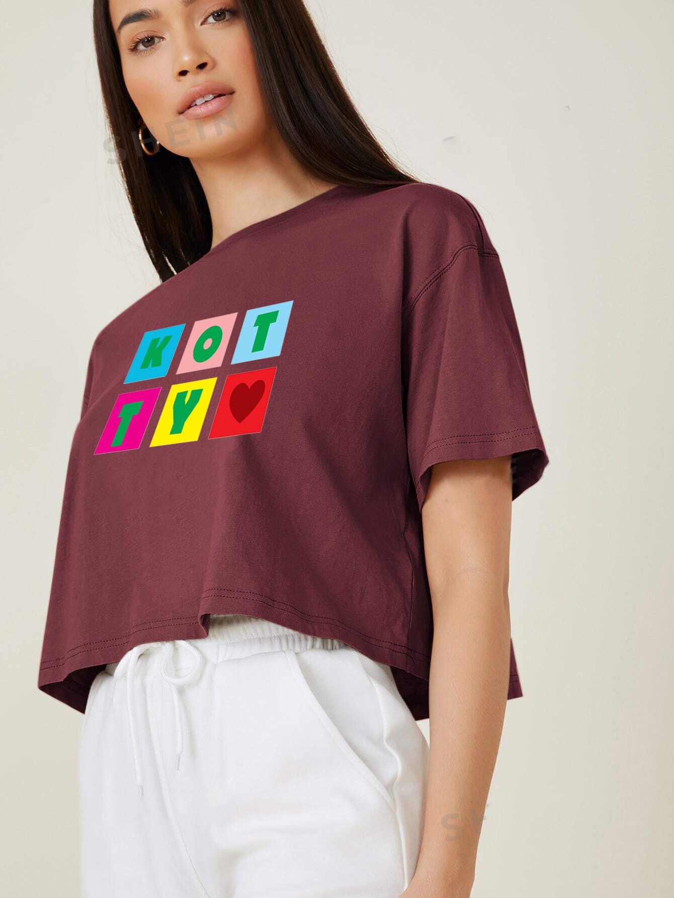 KOTTY Printed Women Round Neck Maroon T-Shirt 