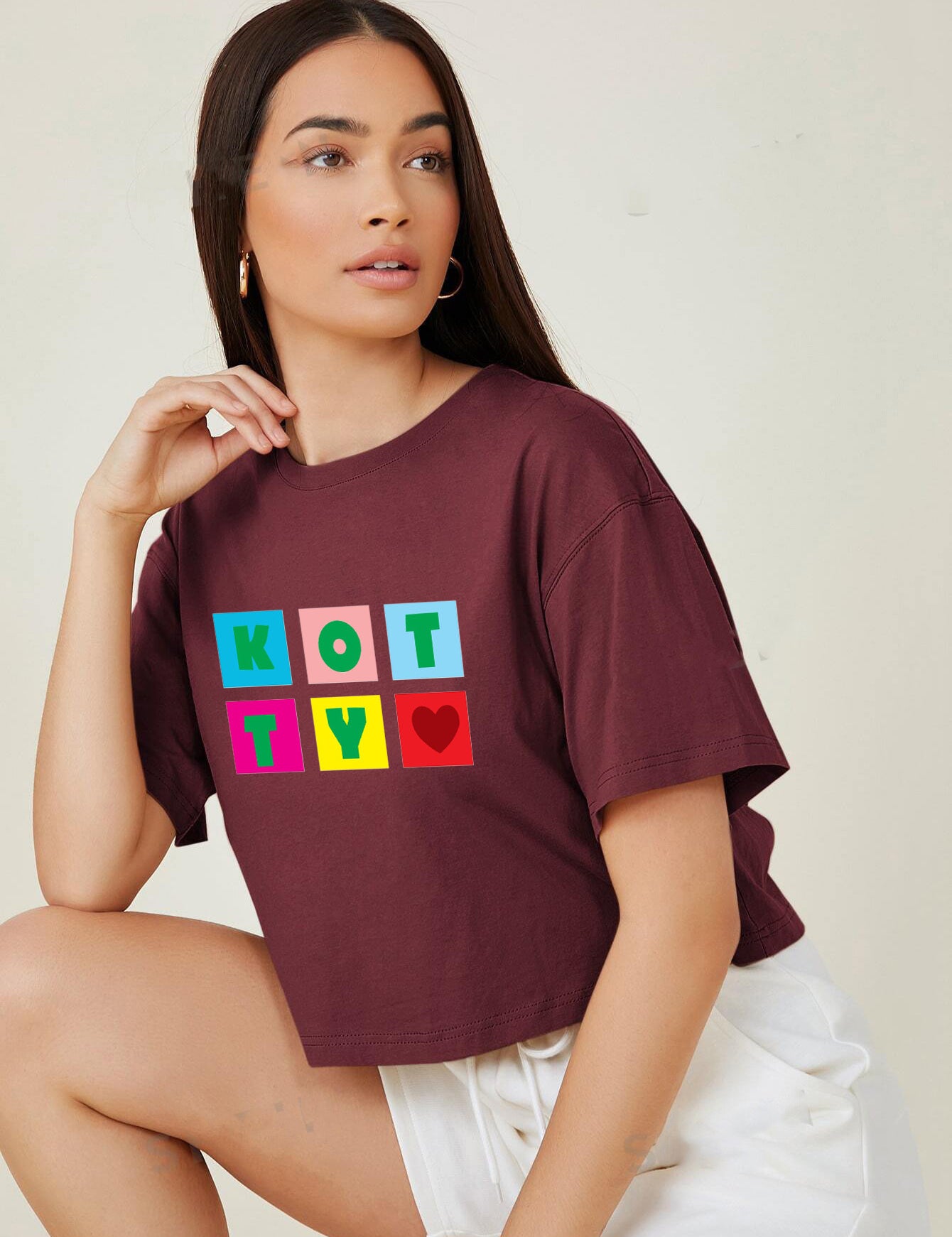 KOTTY Printed Women Round Neck Maroon T-Shirt 