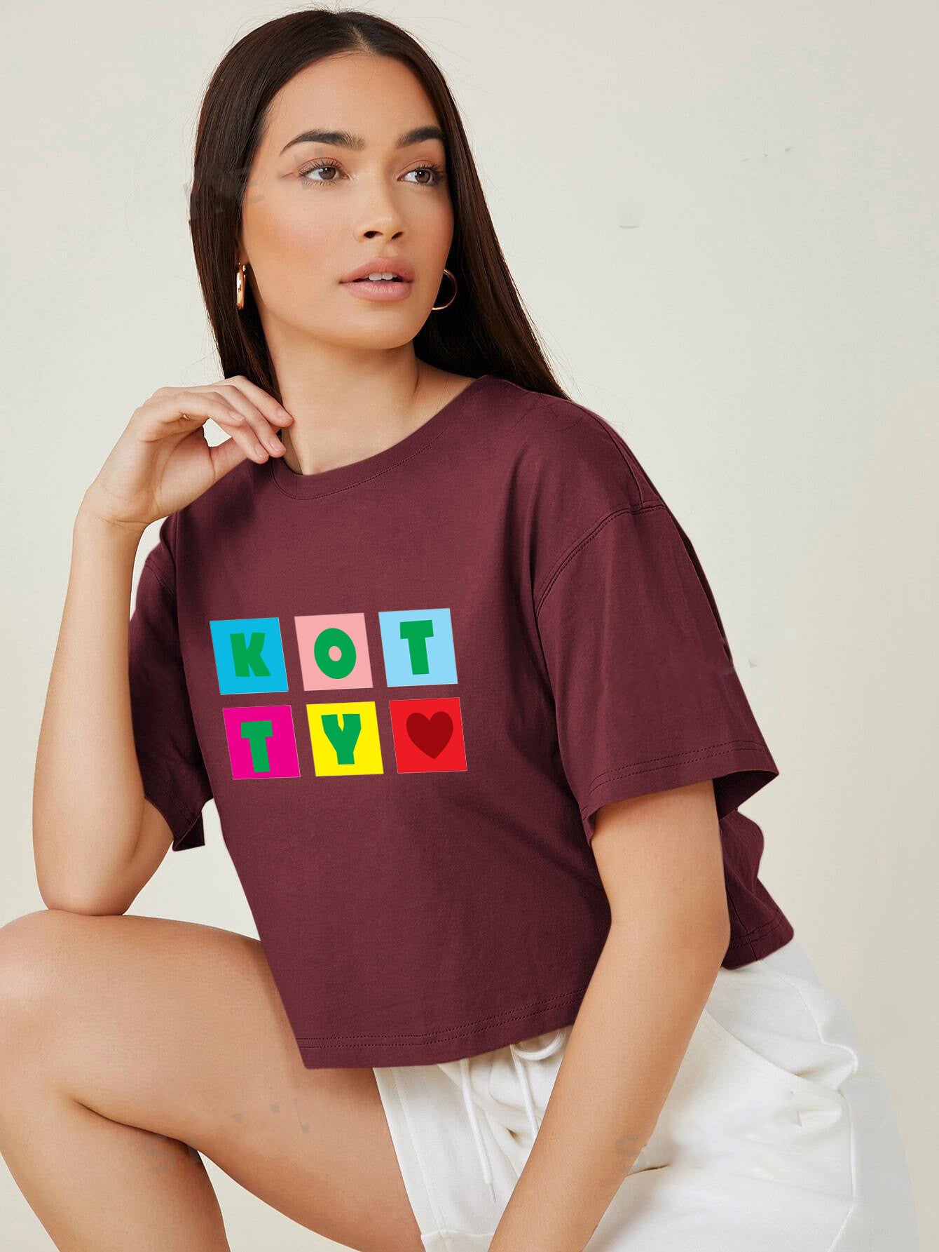 KOTTY Printed Women Round Neck Maroon T-Shirt 