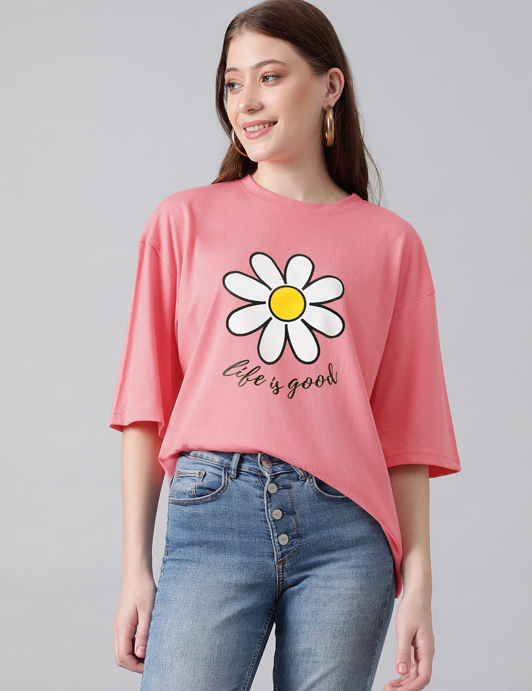 KOTTY Printed Women Round Neck Pink T-Shirt 