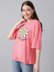 KOTTY Printed Women Round Neck Pink T-Shirt 