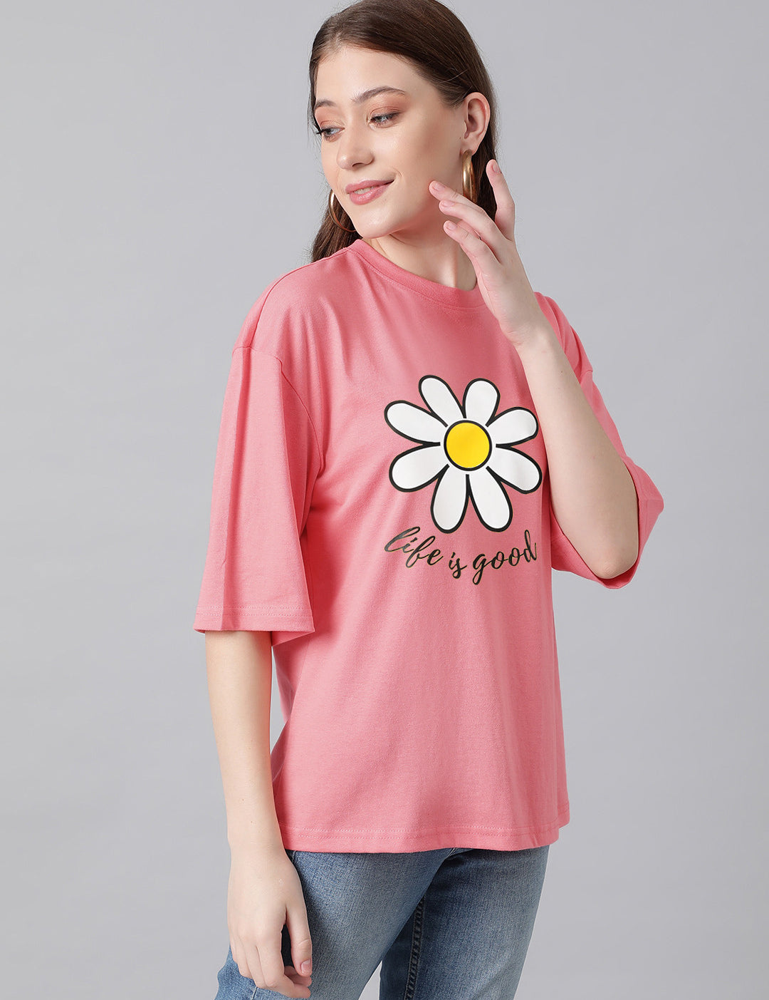 KOTTY Printed Women Round Neck Pink T-Shirt 