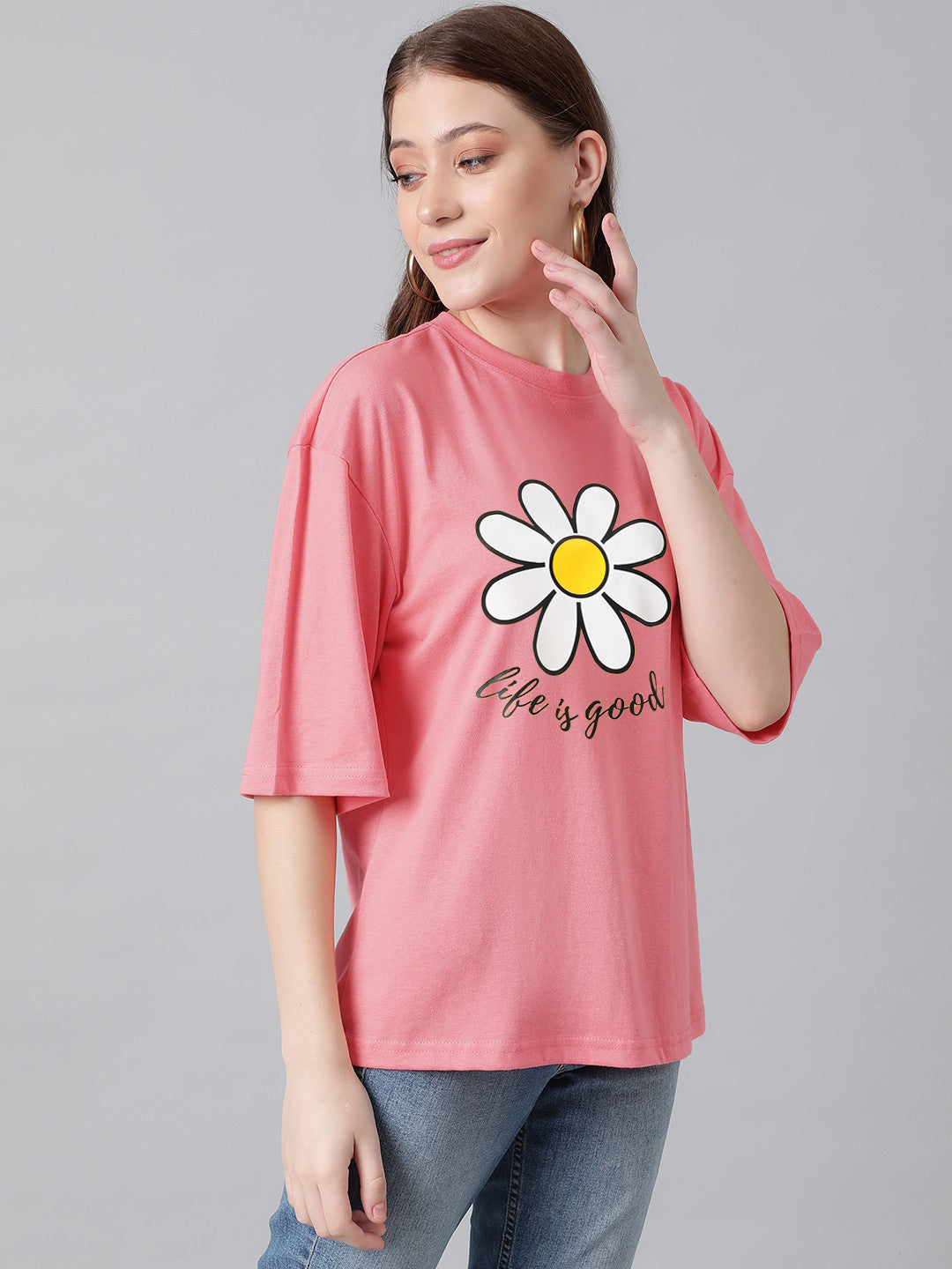 KOTTY Printed Women Round Neck Pink T-Shirt 