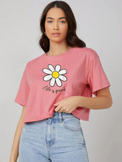 KOTTY Printed Women Round Neck Pink T-Shirt 