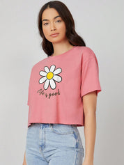 KOTTY Printed Women Round Neck Pink T-Shirt 