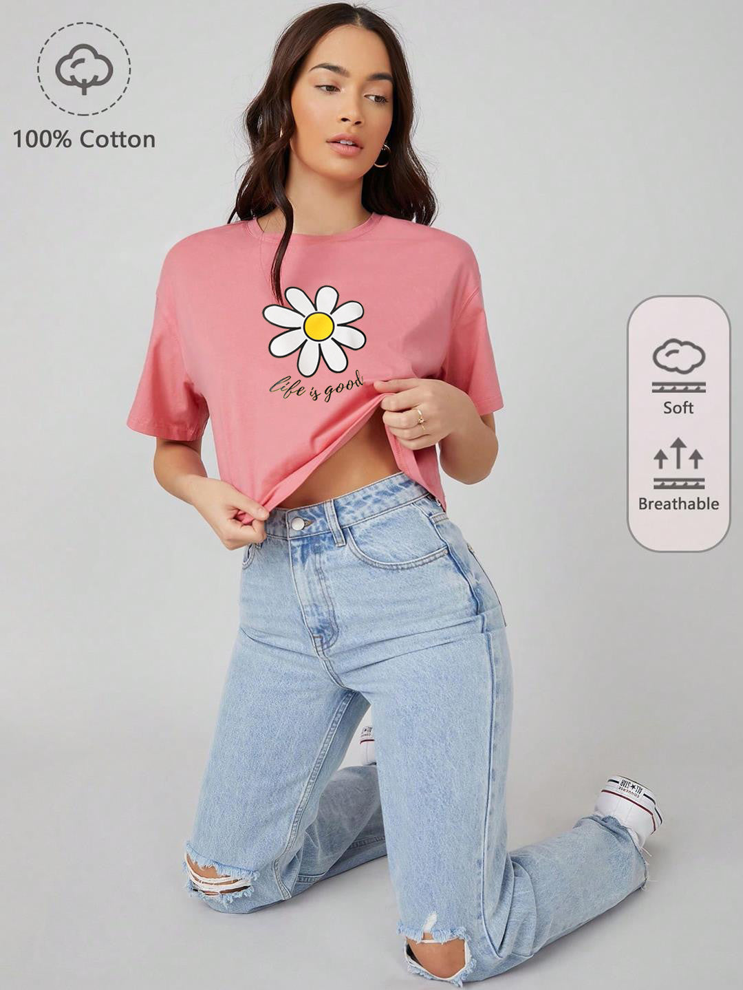 KOTTY Printed Women Round Neck Pink T-Shirt 