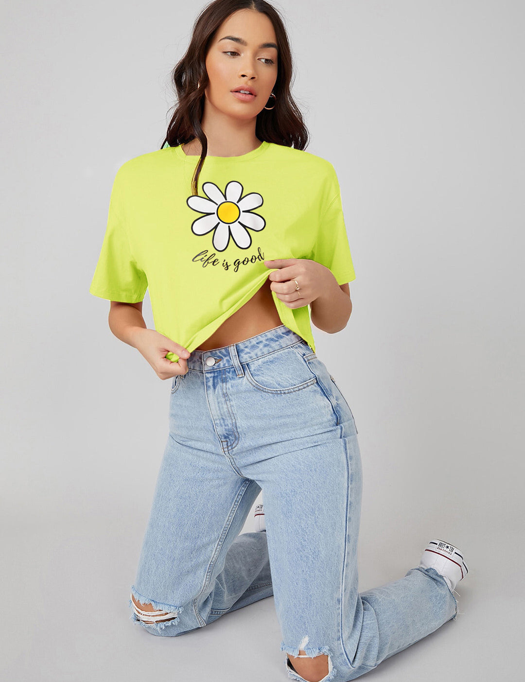 KOTTY Printed Women Round Neck Yellow T-Shirt 
