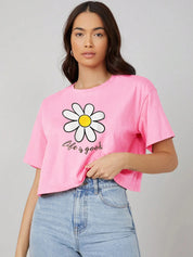 KOTTY Printed Women Round Neck Pink T-Shirt 