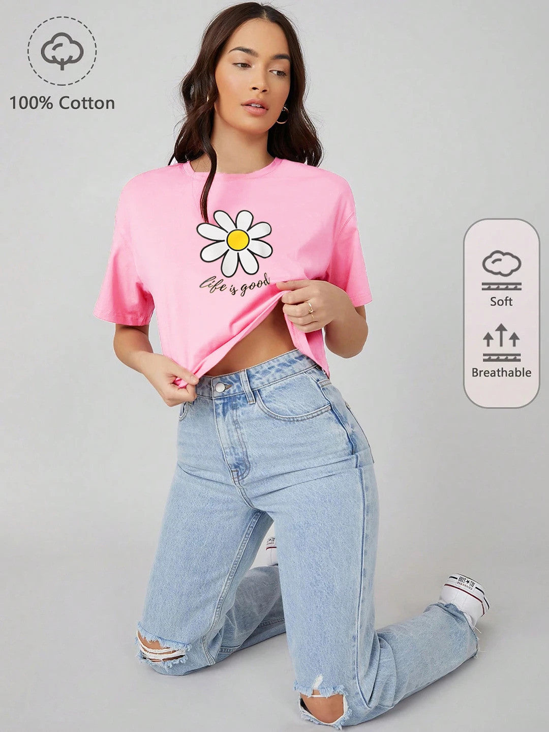 KOTTY Printed Women Round Neck Pink T-Shirt 