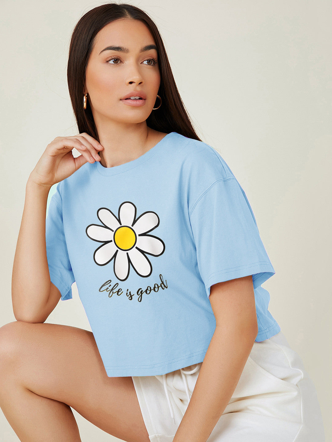 KOTTY Printed Women Round Neck Blue T-Shirt 