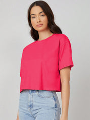 KOTTY Solid Women Round Neck Pink T-Shirt 