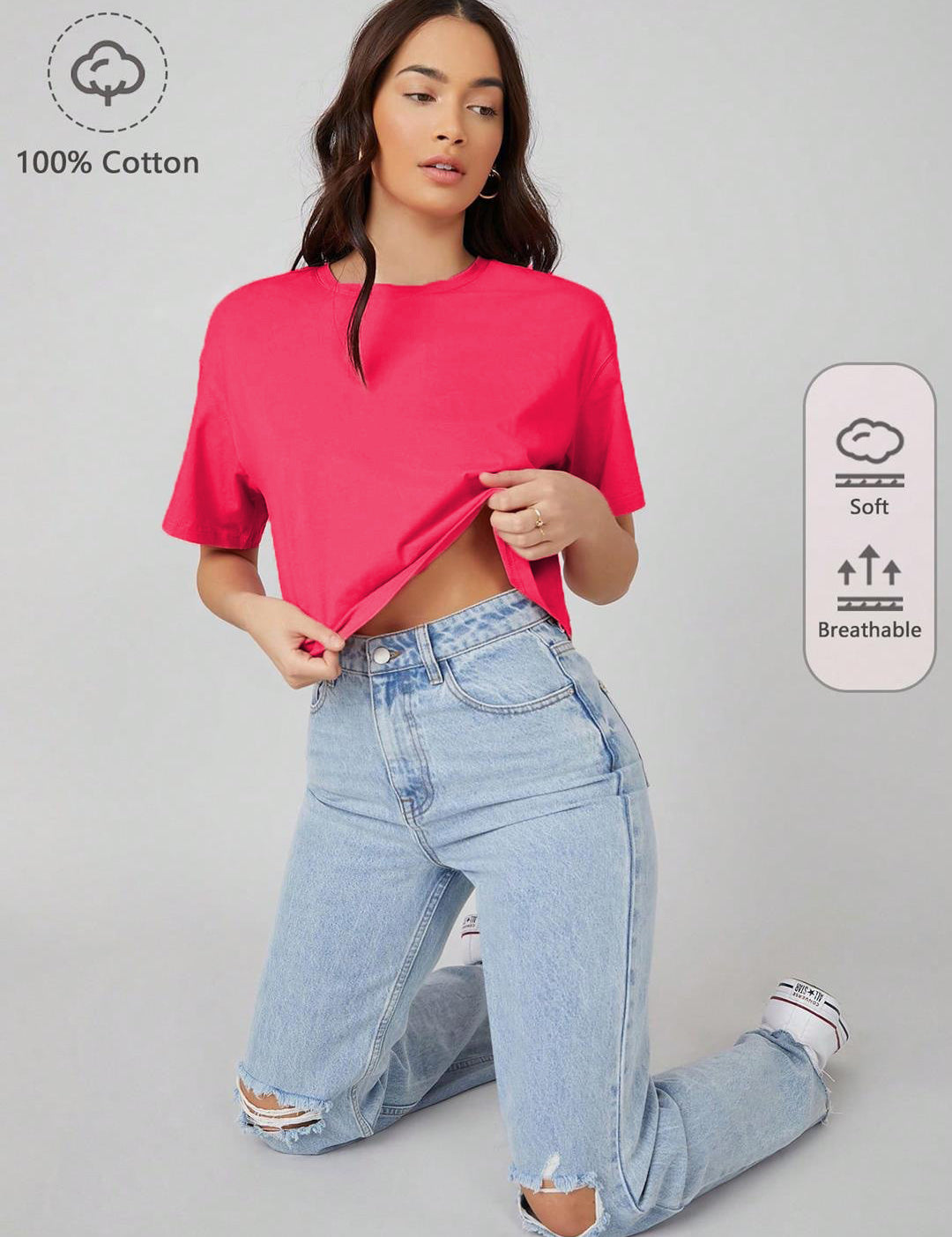 KOTTY Solid Women Round Neck Pink T-Shirt 