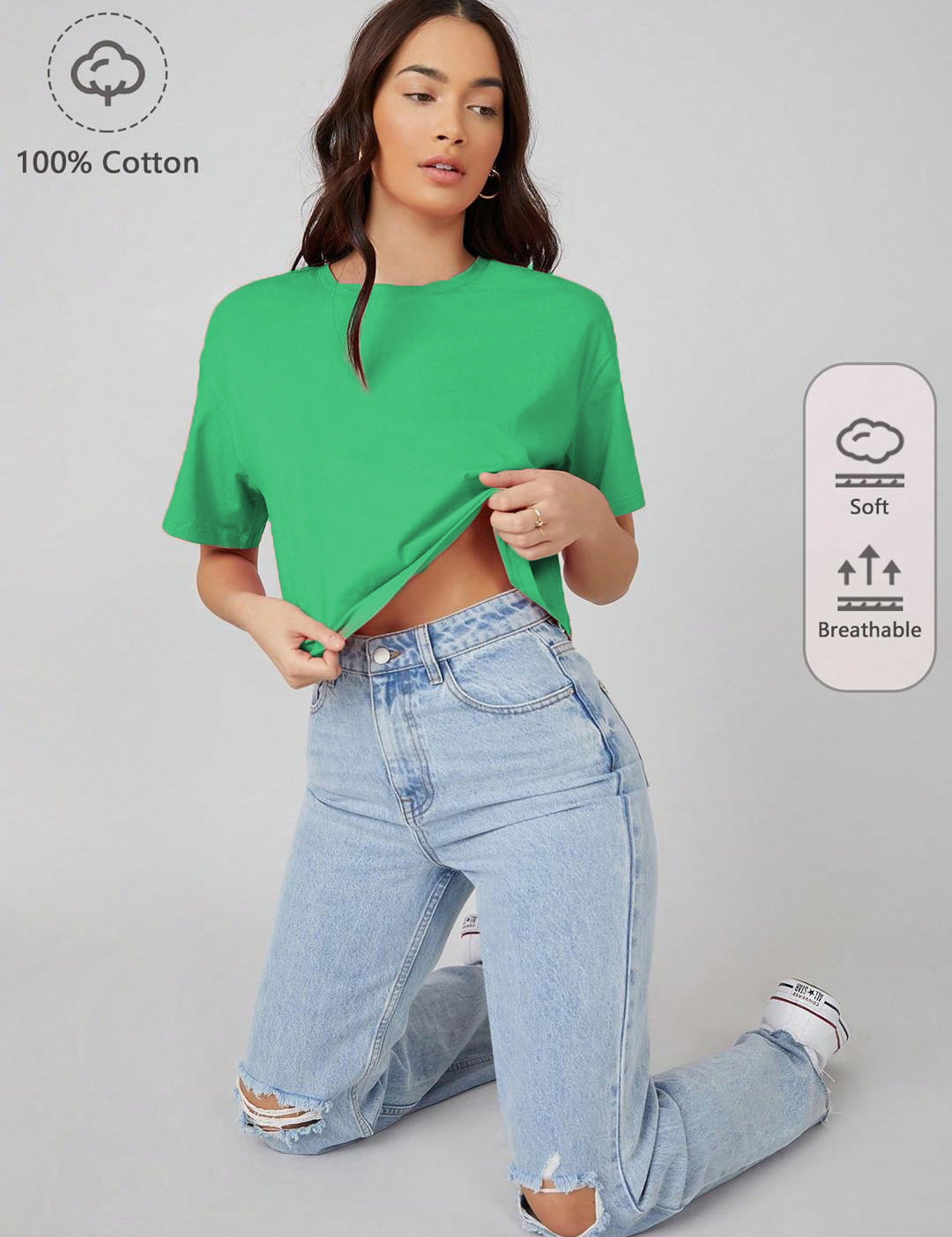 KOTTY Solid Women Round Neck Green T-Shirt 