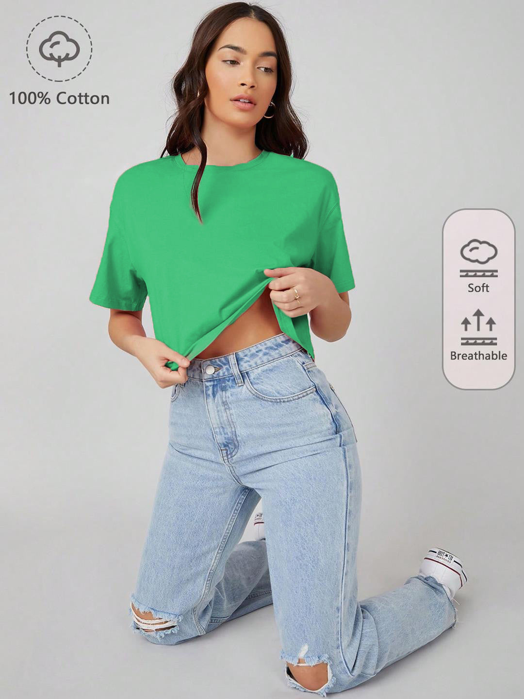 KOTTY Solid Women Round Neck Green T-Shirt 
