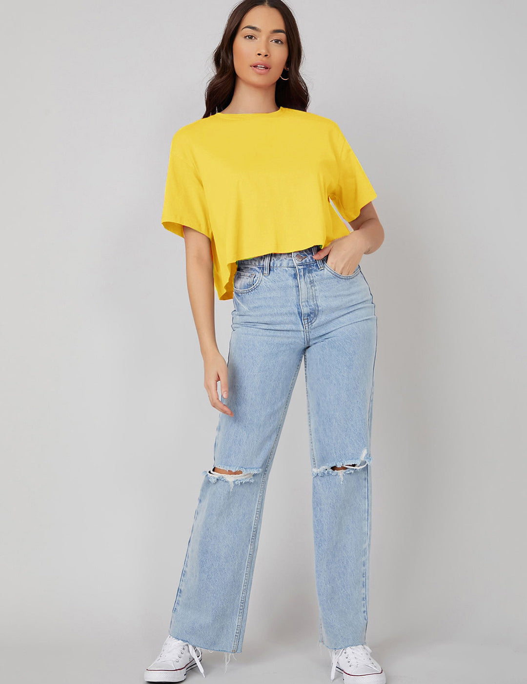 KOTTY Solid Women Round Neck Yellow T-Shirt 