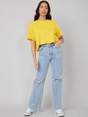 KOTTY Solid Women Round Neck Yellow T-Shirt 