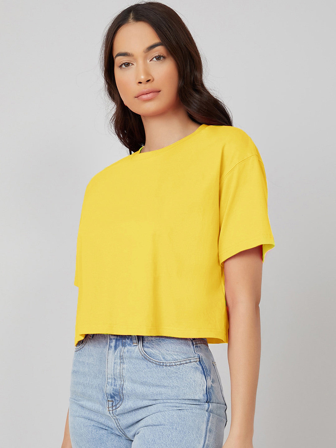 KOTTY Solid Women Round Neck Yellow T-Shirt 