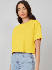 KOTTY Solid Women Round Neck Yellow T-Shirt 