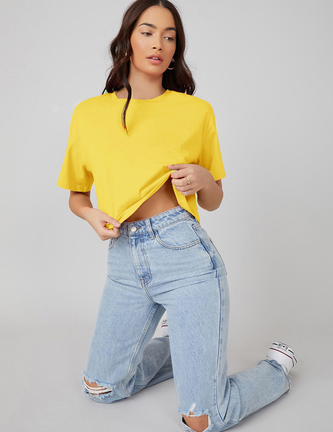 KOTTY Solid Women Round Neck Yellow T-Shirt 