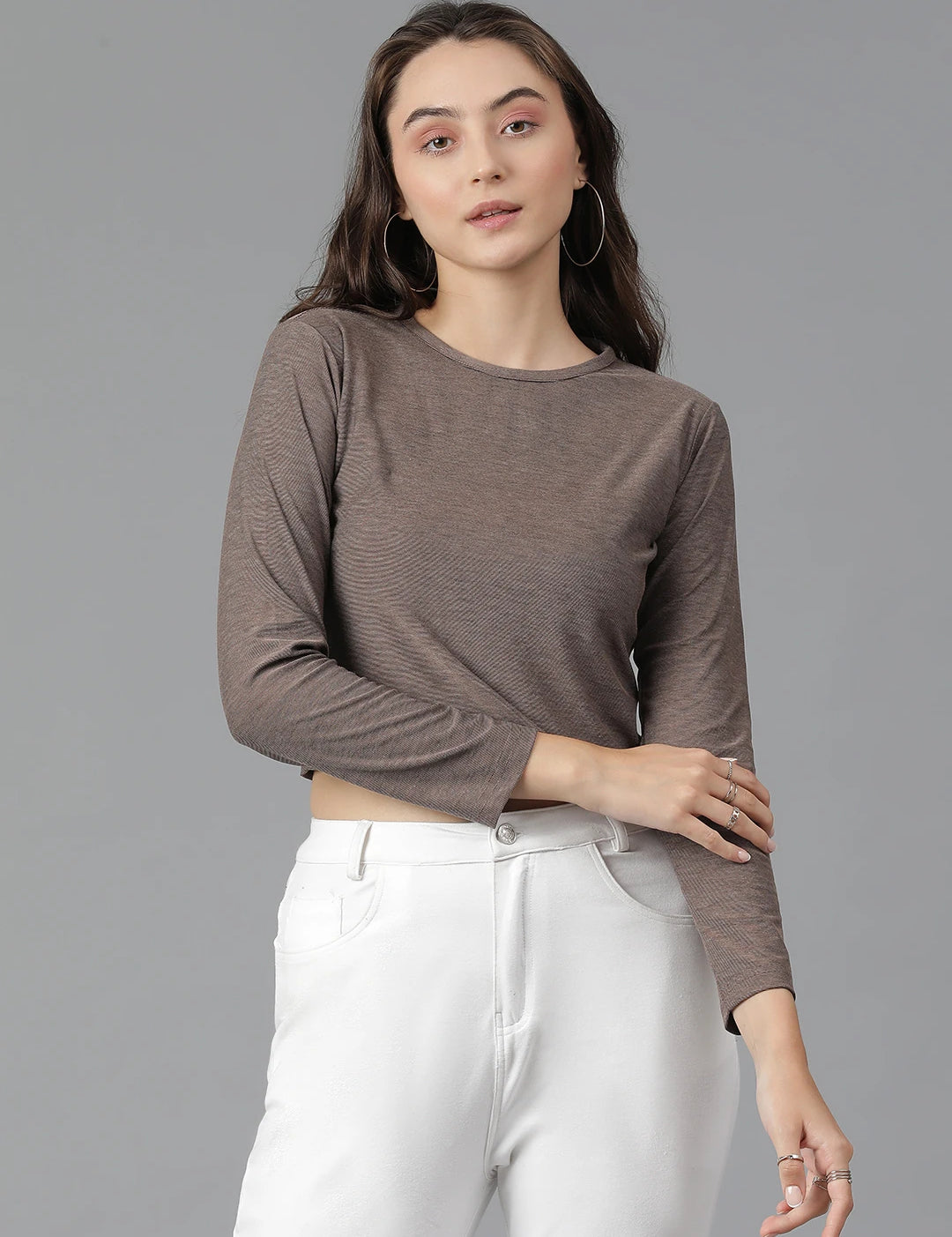KOTTY Solid Women Round Neck Brown T-Shirt 