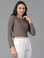 KOTTY Solid Women Round Neck Brown T-Shirt 