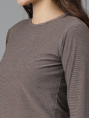 KOTTY Solid Women Round Neck Brown T-Shirt 