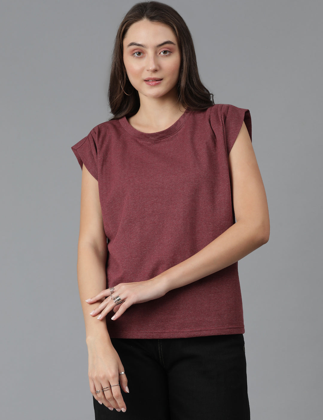 KOTTY Women's Solid Round Neck Cotton Blend Sleevesless T-Shirt