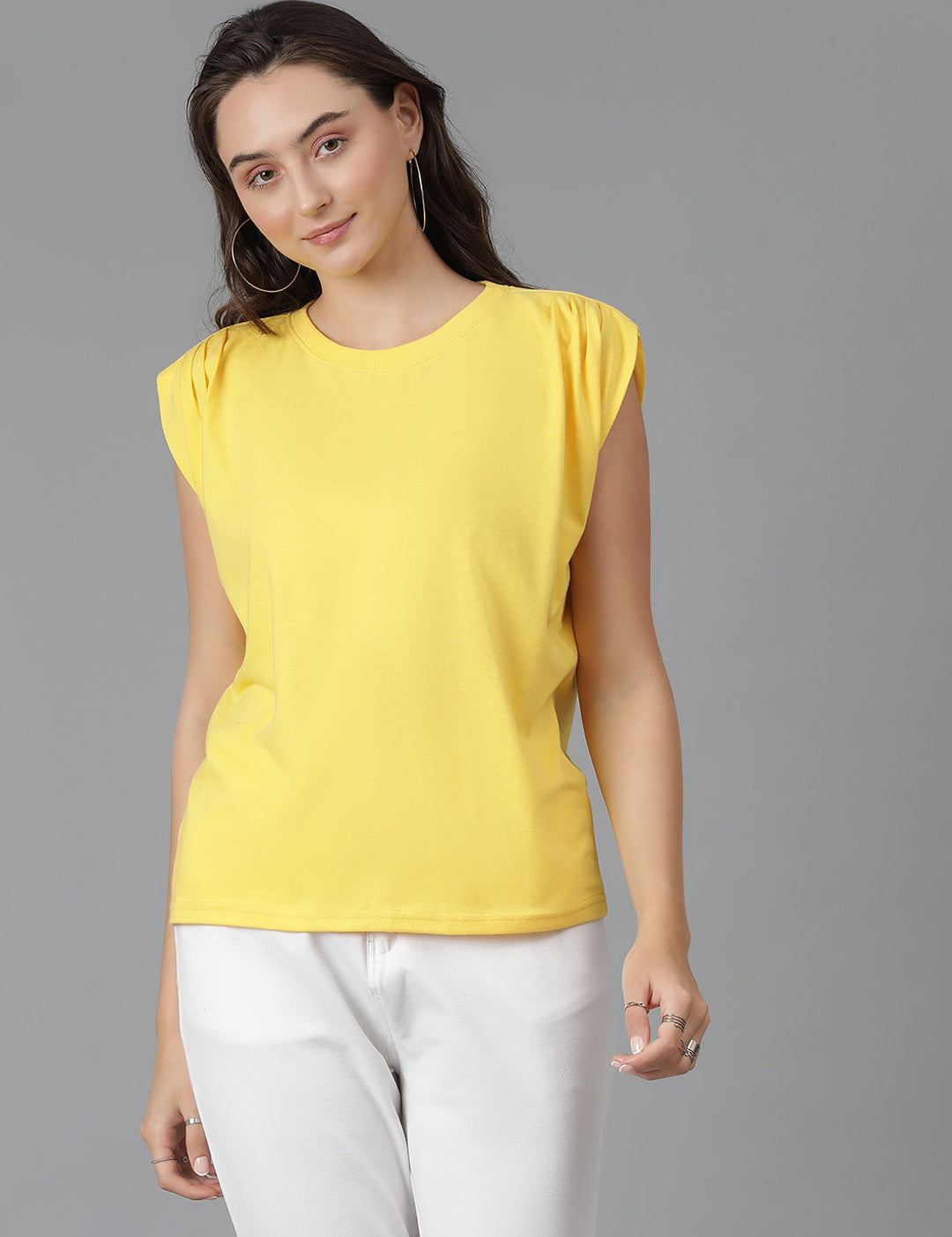 KOTTY Solid Women Round Neck Yellow T-Shirt 
