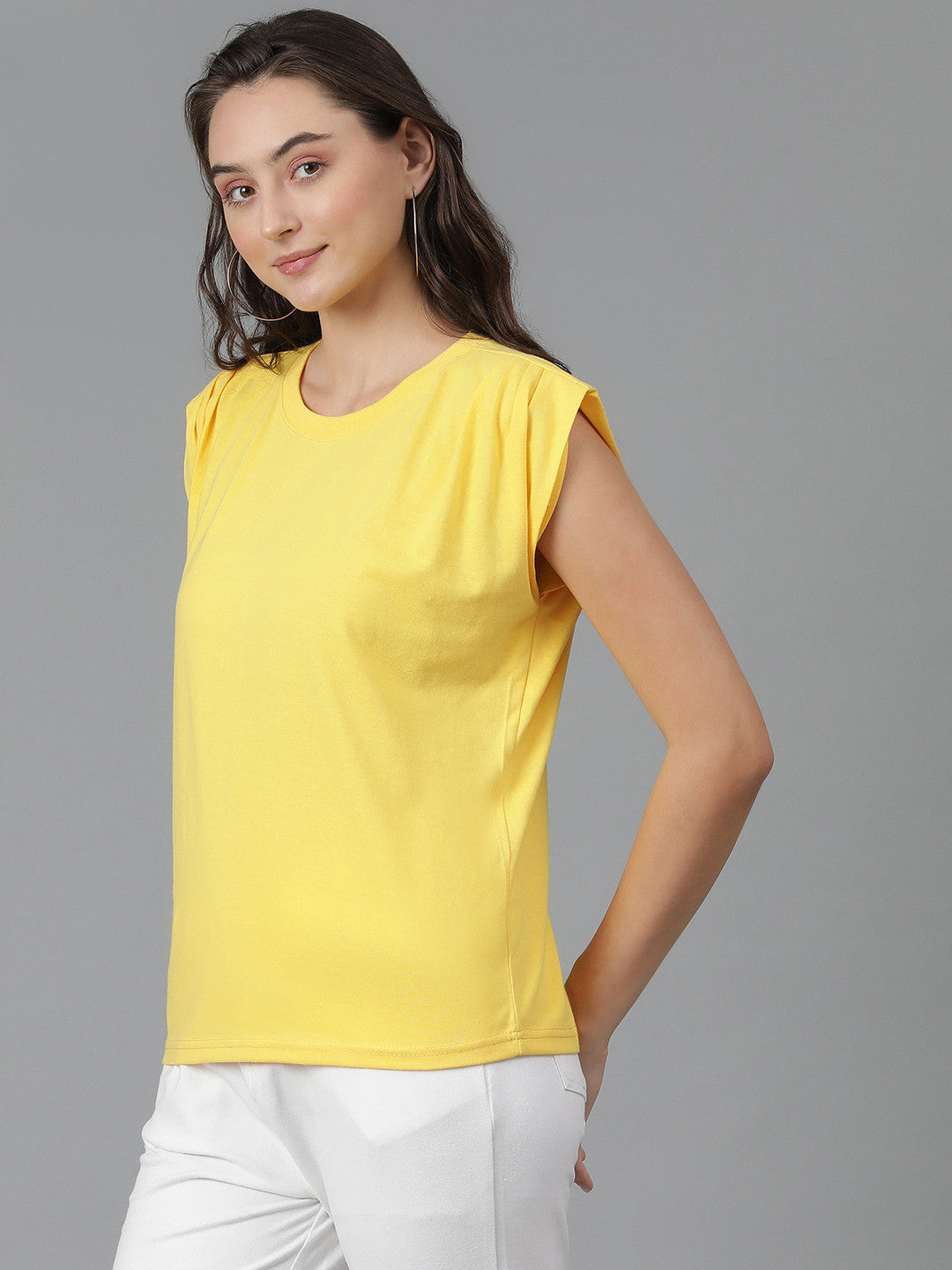 KOTTY Solid Women Round Neck Yellow T-Shirt 