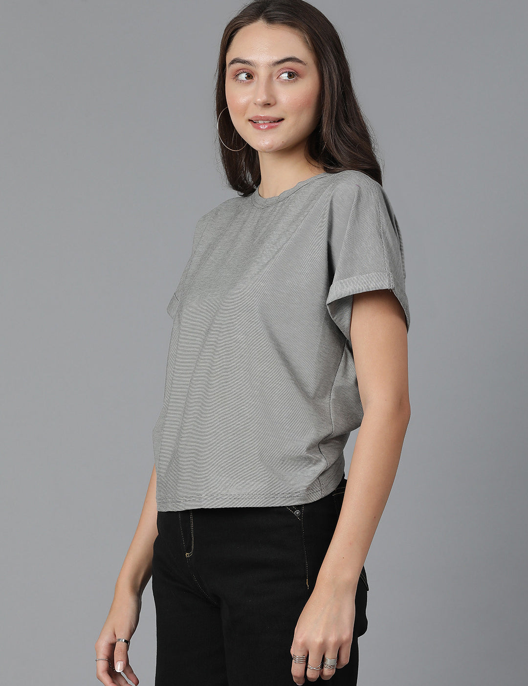 KOTTY Solid Women Round Neck Grey T-Shirt 