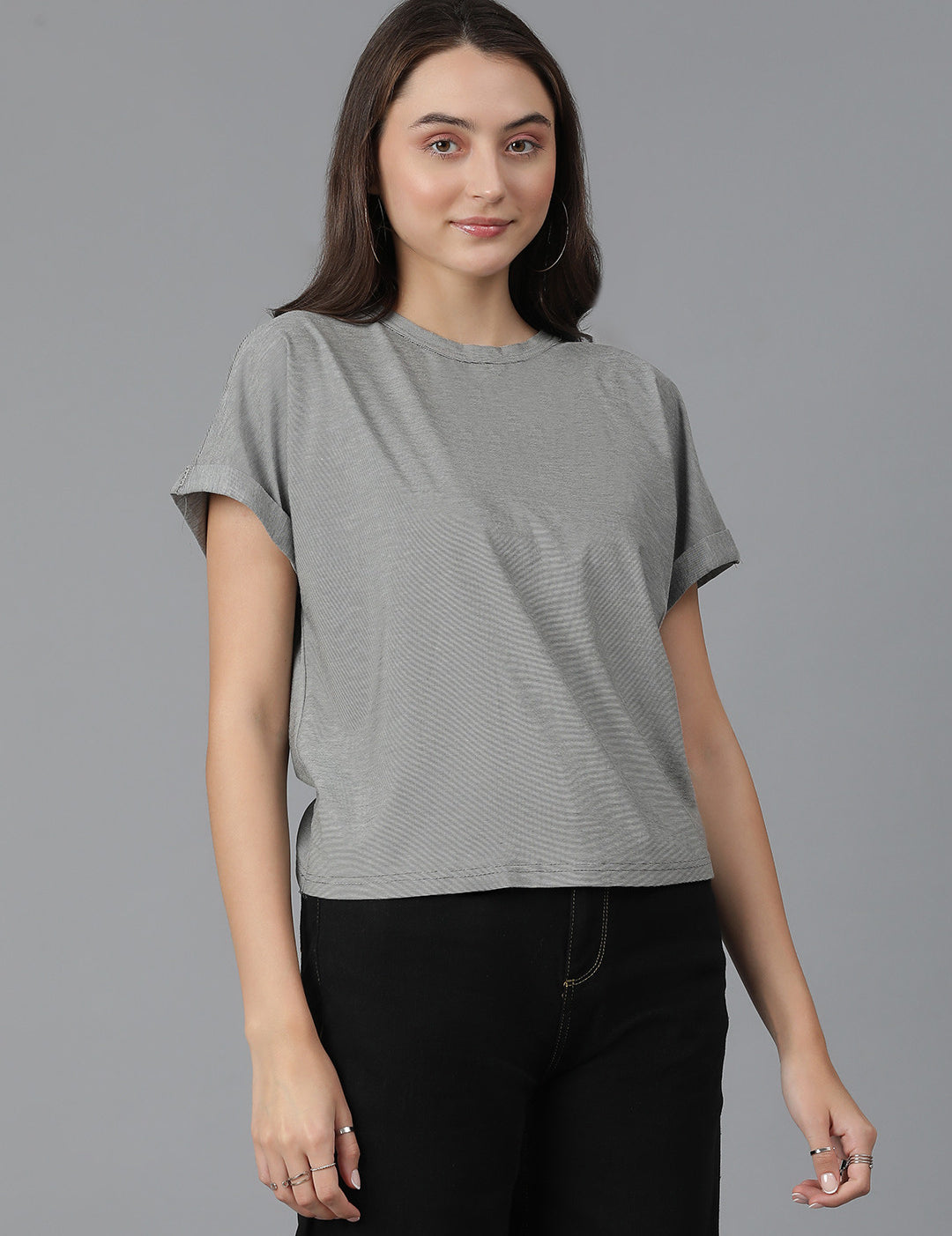 KOTTY Solid Women Round Neck Grey T-Shirt 