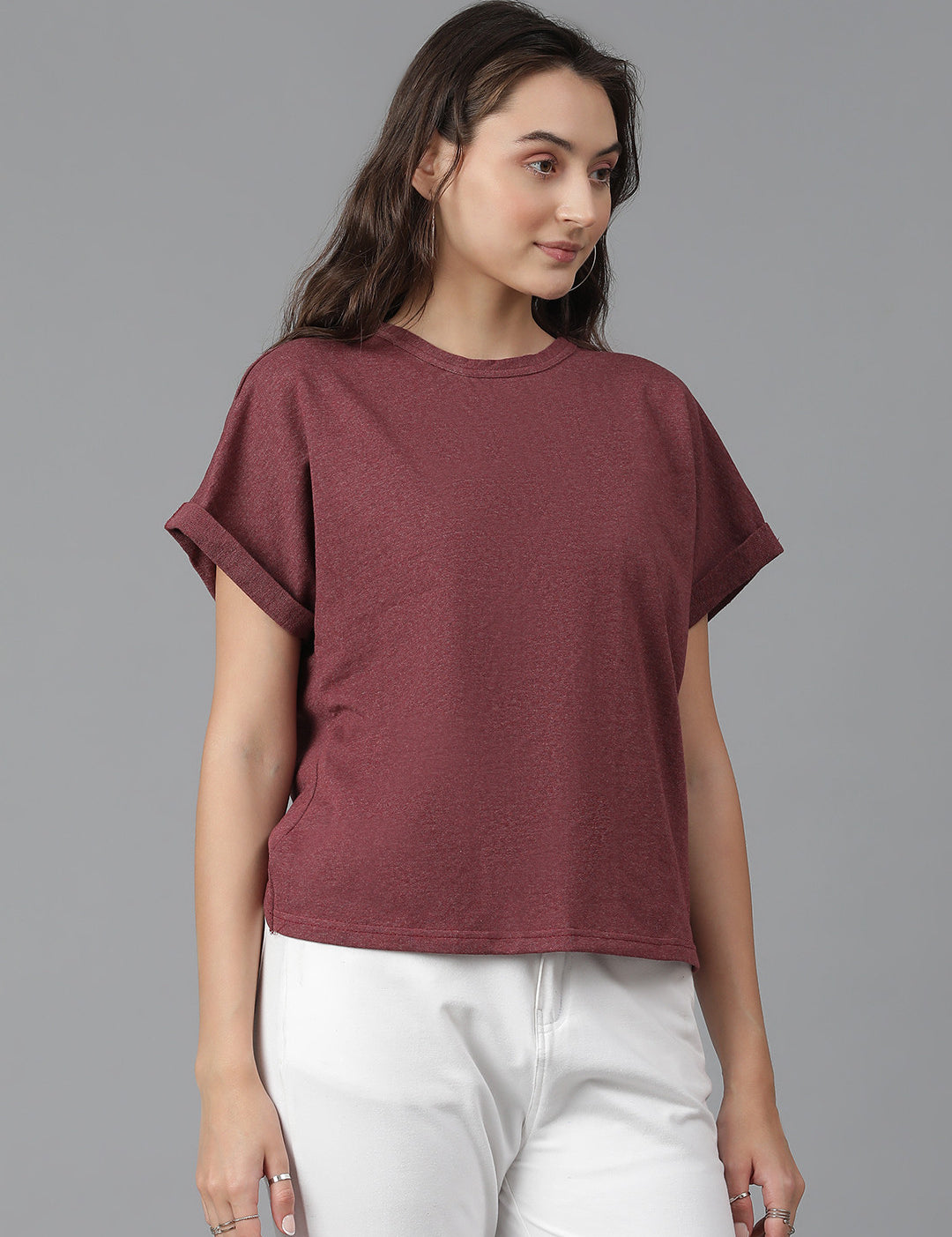 KOTTY Self Design Women Round Neck Maroon T-Shirt 