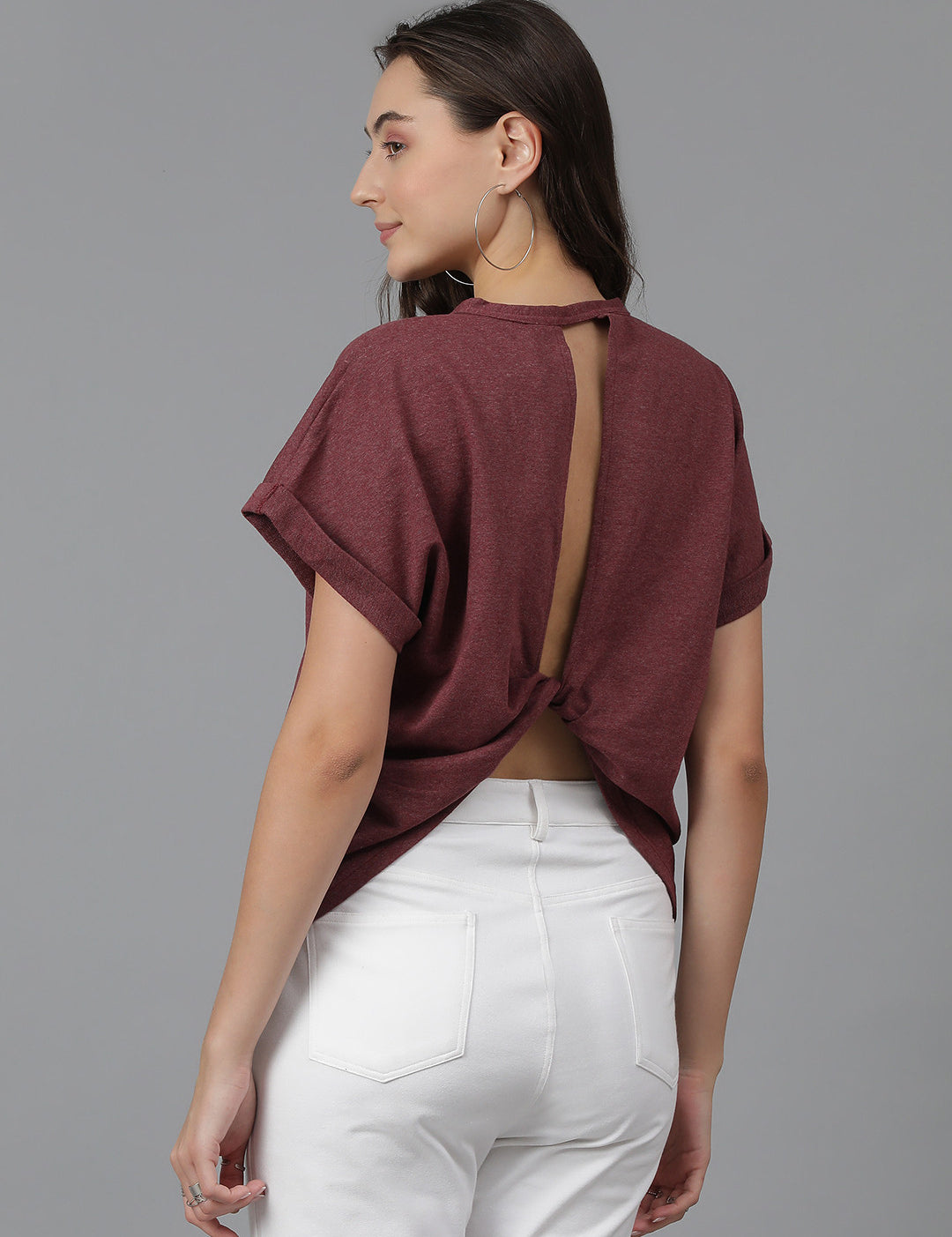 KOTTY Self Design Women Round Neck Maroon T-Shirt 