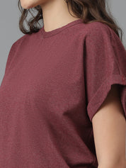 KOTTY Self Design Women Round Neck Maroon T-Shirt 